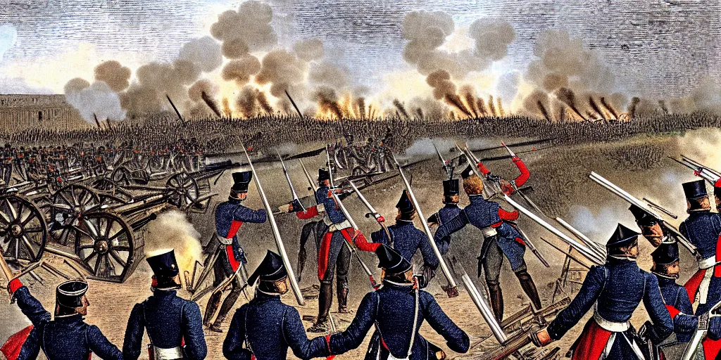 Image similar to first person point of view from the artillery battery during a napoleonic war. highly detailed depicting the artillery