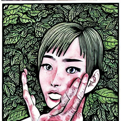 Image similar to a lush vine covered portrait by junji ito