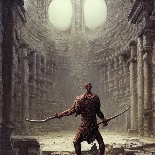 Prompt: a hyperdetailed painting of a dark executioner wielding a huge axe standing in the middle of an ancient ruined temple, by beksinski, wayne barlowe, adrian smith fantasy art, ruan jia, trending in artstation, - n 9