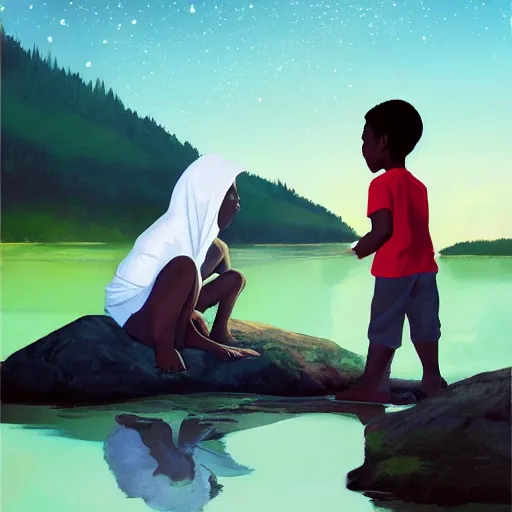 Prompt: a scenic view of a kid on a florest talking to ghost that shines near to a lake, pale light, a realistic colorful painting by Kehind Wiley, trending on artstation.