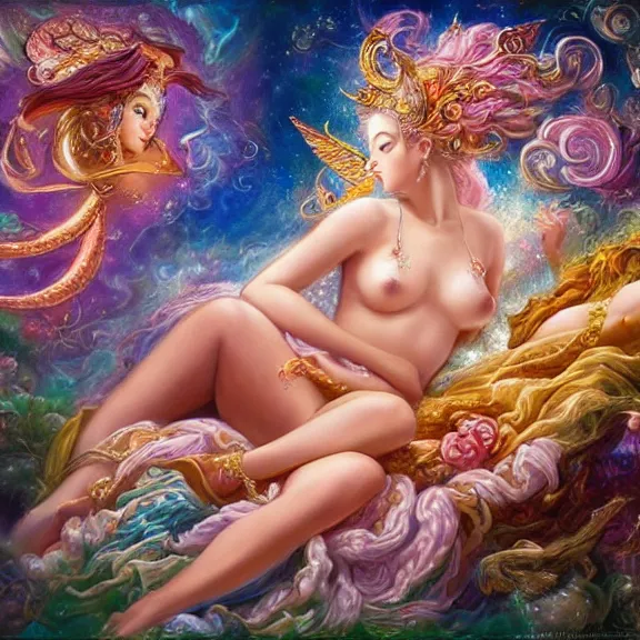 Image similar to a celestial goddess on her day off catching up on social media in bed, magic realism, art by josephine wall, art by huang guangjian, art by viktoria gavrilenko, art by amanda sage, trending on artstation