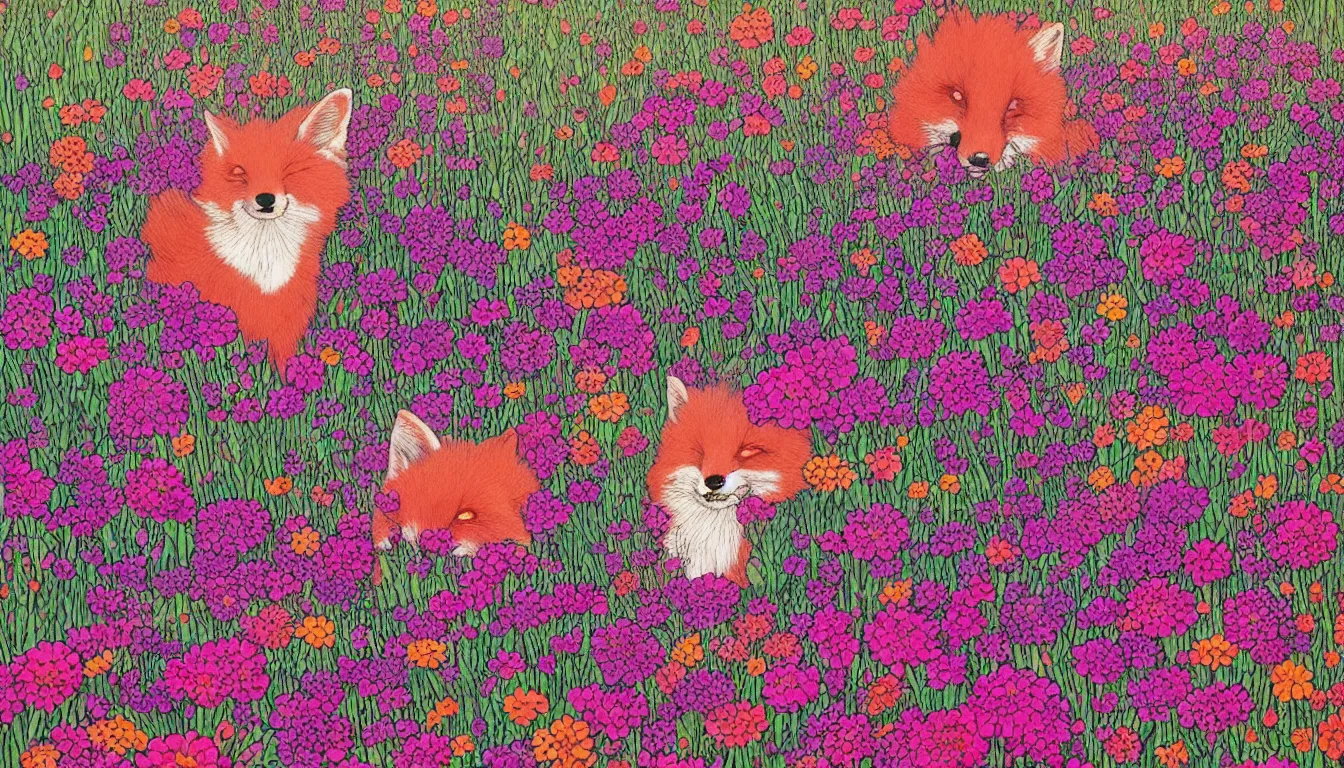 Image similar to pink fox head popping out of a field of multi colored flowers by moebius