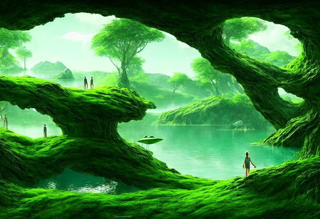 Prompt: inside of alien lake lush summer green landscape of human mind and imagination, matte painting, beautiful render, octane render, concept art