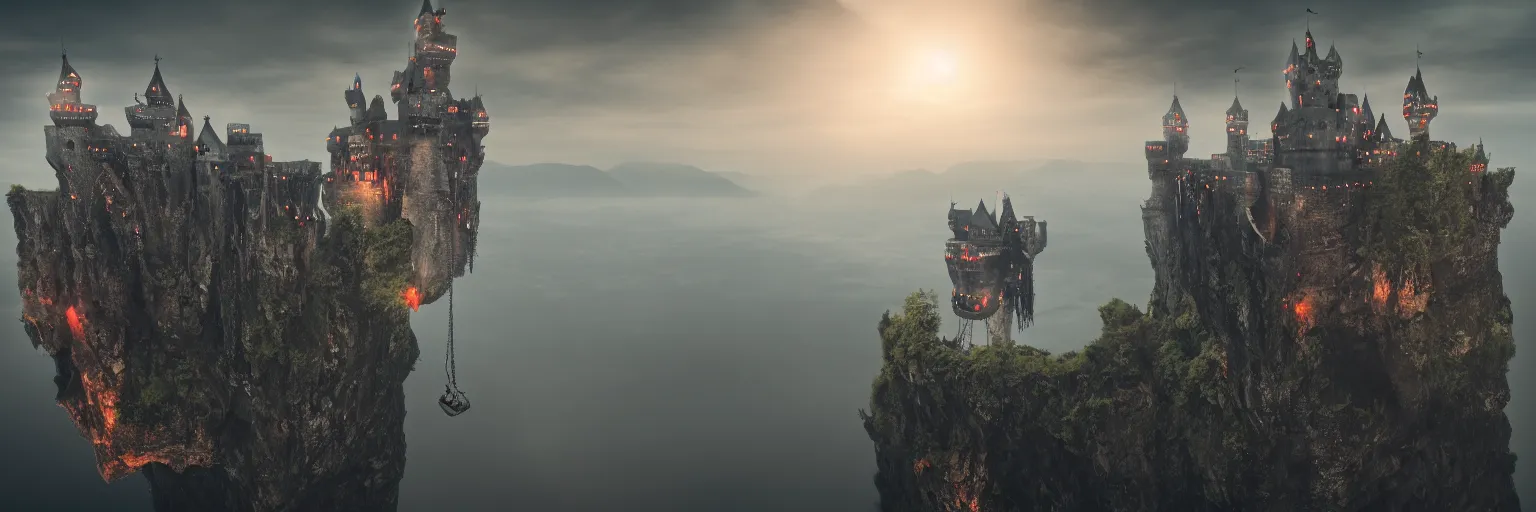 Prompt: cinematic view of floating castle hanging by chains in the air, in between a gorge, below only cloud dark void, 8 k resolution