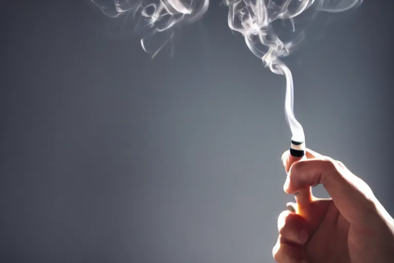 Prompt: Close-up of thin soft hand holding cigarette in it with smoke, hyper realistic, high details, photo, super resolution