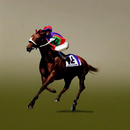 Image similar to close - up front view of a racing thoroughbred stallion ( with jockey in colorful outfit ) galloping extremely hard and emerging headfirst out of very dense ground fog to win a race at the track. photorealistic digital art.