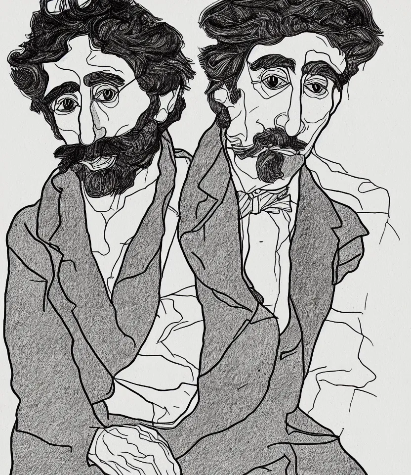 Prompt: detailed line art portrait of henry david thoreau, inspired by egon schiele. caricatural, minimalist, bold contour lines, musicality, soft twirls curls and curves, confident personality, raw emotion