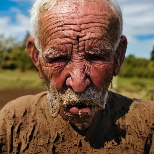 Prompt: an old man with a mouthful of mud