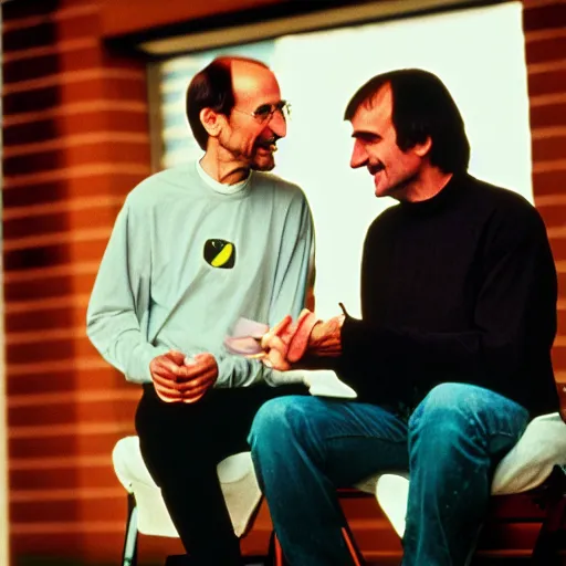 Image similar to photograph steve jobs discussing happier times with douglas adams on campus 1 9 8 8, healthy, in thomas ruff style, 3 5 mm ektachrome