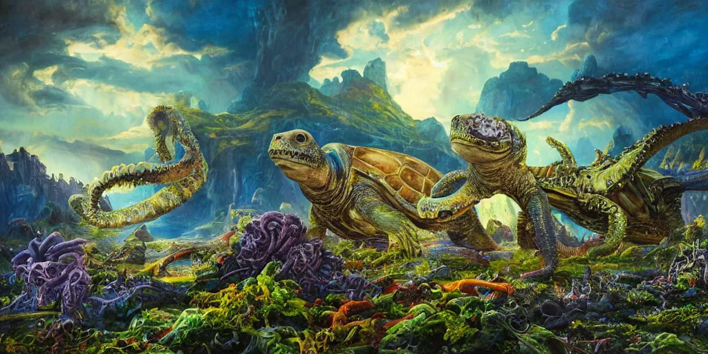 Image similar to fantasy oil painting, great leviathan, cybernetic turtle cephalopod terrapin reptilian pachyderm squid, bella hadid, hybrid, milla jovovich, anubis, epic natural light, lush plants flowers, spectacular mountains, bright clouds, luminous sky, outer worlds, golden hour, michael cheval, edward hopper, michael whelan, vray, hd