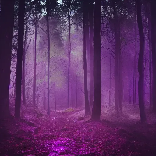 Image similar to purple portal inside the dark forest, glowing, vibe, unsettling atmosphere, stressfull, cinematic, epic, high detail