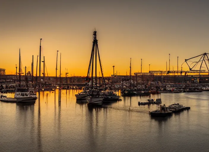 Image similar to photograph of the harbour with its cranes of gothenburg sweden, sun setting, landscape photography, award winning, canon, soft lighting, sony, nikon, 4 k, hd