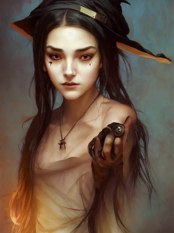 Image similar to Full shot of a mischievous young witch about to get up to some trouble. Latin American fashion. Black and Orange palette. Latina girl. brown skin. defined facial features, symmetrical facial features. By Ruan Jia and Artgerm and Range Murata and WLOP and Ross Tran and William-Adolphe Bouguereau. Key Art. Fantasy Illustration. award winning, Artstation, intricate details, realistic, Hyperdetailed, 8k resolution.