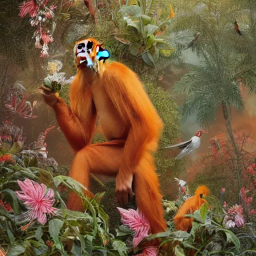 Image similar to portrait of an orang - utan surrounded by hummingbirds and fine floral ornaments, eye - level medium - angle shot, intricate, floral background, by esao andrews, by m. w. kaluta, by yoshita amano, intricate, symmetrical, natural lighting, smooth, 3 d octane render, depth perception, 4 k,, artstation