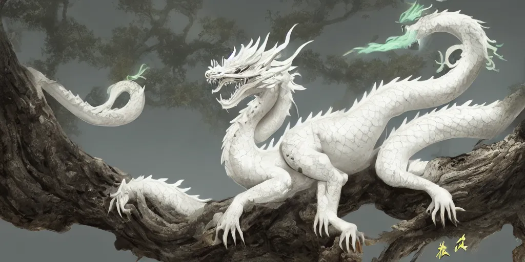 Prompt: single white chinese dragon lie on a old tree, wei guan, 4 k, matte paint, concept art, sharp detail, artstation