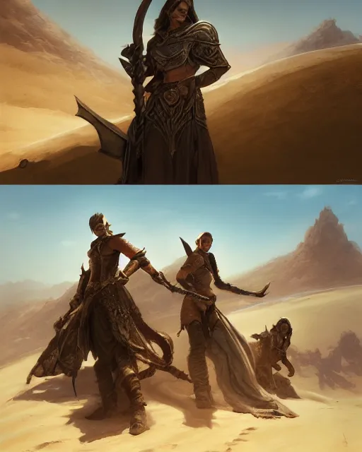 Prompt: the elder scrolls vi hammerfell, mesa, dessert, oasis, sand dunes, illustration, perfectly shaded, oft painting, art by krenz cushart and wenjun lin