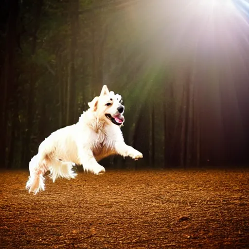 Prompt: the spirit of a dog levitating from his body, mystical light lighting him up, magical dust