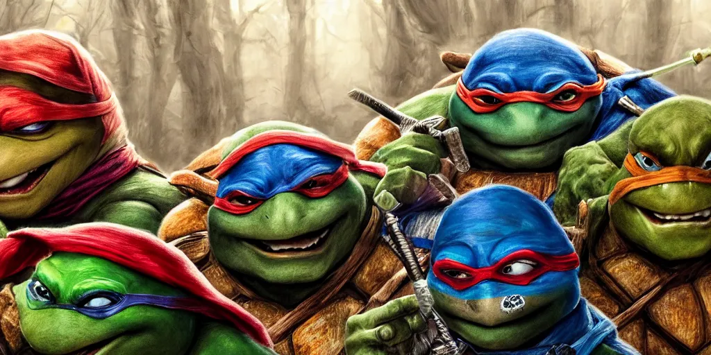 Prompt: close up portrait of teenage mutant ninja turtles chilling at the winter forest smoking weed, realistic digital art 4 k, high quality, greg rutkowski, zabrocki, karlkka, jayison devadas, phuoc quan, trending on artstation, 8 k, ultra wide angle, zenith view, pincushion lens effect