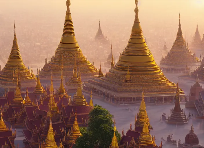 Image similar to A detailed matte painting of the Shwedagon Pagoda temple, huge scale, volumetric lighting, hyper-realistic, photorealistic, digital art, trending on Artstation, 4k, post-processing, Greg Rutkowski