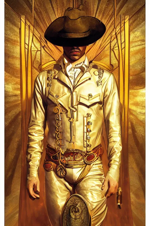 Prompt: a dramatic ethereal epic symmetrical painting of a handsome cowboy in a gold outfit | tarot card, art deco, art nouveau, (steampunk), homoerotic, bulge realistic | by Dresden Codak, by Mark Maggiori and ((((Alphonse Mucha))) | trending on artstation