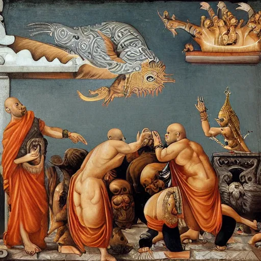 Prompt: hindu monks worshipping giant crow as devil on greek senete baroque painting, lionardo davinchi