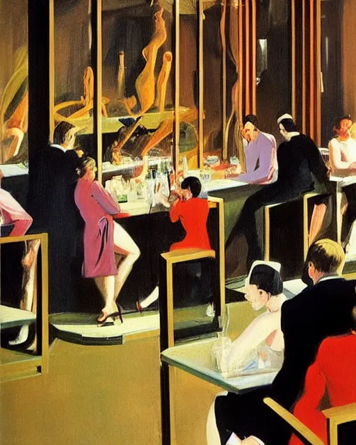 Image similar to crowd of people in a bar in the style of Francis Bacon and Edward Hopper. Strange interior living room with lots of people, surreal. Art by Syd Mead and Frank Lloyd Wright