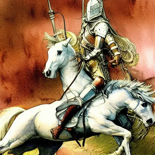 Prompt: a realistic and atmospheric watercolour fantasy concept art of a knight on a white horse, muted colors. by rebecca guay, michael kaluta, charles vess and jean moebius giraud,