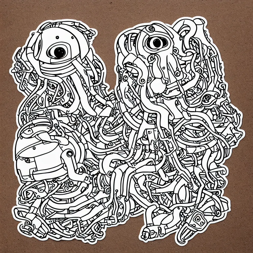 Prompt: symmetrical robot octopus, sticker design