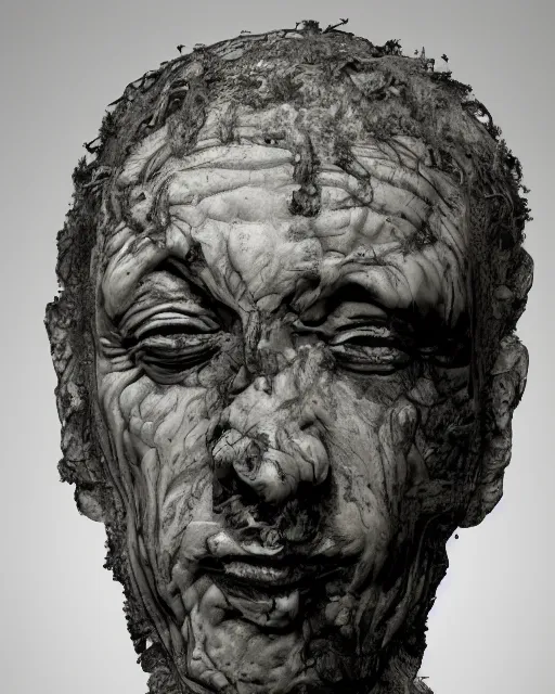 Image similar to planets coming out of a broken renaissance head sculpture, hyper - realistic, in the style of tony santos