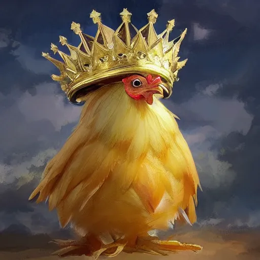 Prompt: a chicken animal wearing a small chicken-sized golden crown on its head and small royal robes clothes. By Makoto Shinkai, Stanley Artgerm Lau, WLOP, Rossdraws, James Jean, Andrei Riabovitchev, Marc Simonetti, krenz cushart, Sakimichan, trending on ArtStation, digital art. Animal photo.