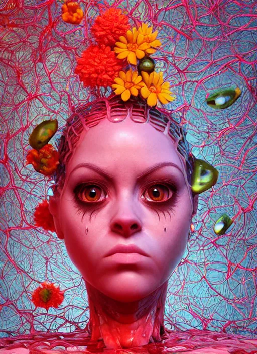 Prompt: hyper detailed 3d render like a sculpture - profile subsurface scattering (a beautiful fae princess protective playful expressive from that looks like a borg queen grumpy cat wearing a sundress made of flowers) seen red carpet photoshoot in UVIVF posing in caustic light pattern pool of water to Eat bite of the Strangling network of yellowcake aerochrome and milky Fruit and His delicate Hands hold of gossamer polyp blossoms bring iridescent fungal flowers whose spores black the foolish stars by Jacek Yerka, Ilya Kuvshinov, Mariusz Lewandowski, Houdini algorithmic generative render, golen ratio, Abstract brush strokes, Masterpiece, Victor Nizovtsev and James Gilleard, Zdzislaw Beksinski, Tom Whalen, Mark Ryden, Wolfgang Lettl, hints of Yayoi Kasuma and Dr. Seuss, Grant Wood, octane render, 8k, maxwell render, siggraph