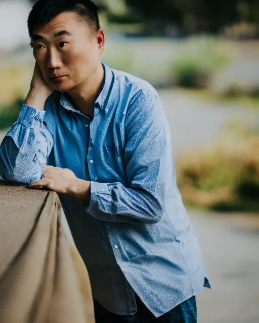 Image similar to gold, blue, photo of a balding asian male, 8 k, 8 5 mm f 1. 8