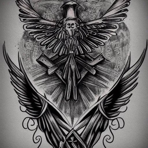 Prompt: raven mystic occult, symbolism mythos, highly detailed line tattoo, real tattoo, realistic realism, design concepts