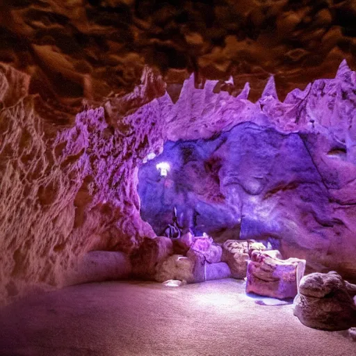 Image similar to inside a cave with a hot spring and the walls of made of amethyst, photo