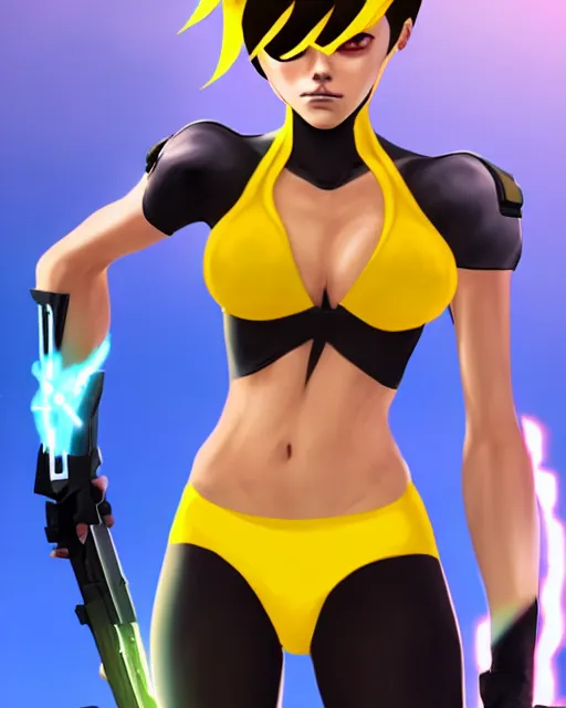 Image similar to tracer game character, in yellow bikini, blonde hair, black eyes, full height