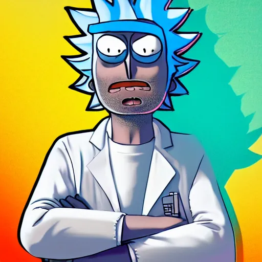 Prompt: portrait art of rick sanchez, rick and morty, lab coat and tee shirt, lens flare, atmosphere, glow, detailed, intricate, full of colour, cinematic lighting, 4 k, hyperrealistic, focused, extreme details, cinematic, masterpiece