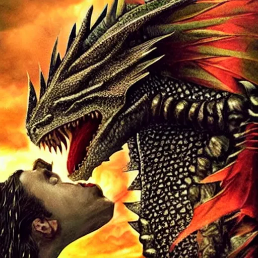 Image similar to A knight kissing a dragon. Detailed amazing wellmade movie still