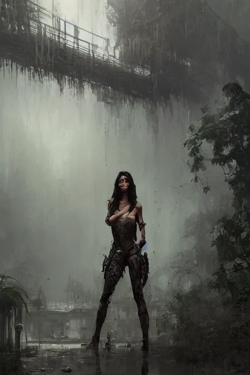 Image similar to portrait of a young very beautiful cute tribal woman with a futuristic gun, in a post apocalyptic city overgrown with lush vegetation, by Luis Royo, by Greg Rutkowski, dark, gritty, intricate, volumetric lighting, volumetric atmosphere, concept art, cover illustration, octane render, trending on artstation, 8k