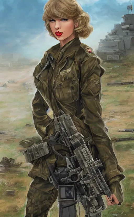 Prompt: portrait of Taylor Swift as a female soldier, highly detailed, high resolution, military camp in the background, the front of a modern trading card, illustration, character concept art, stunning, girls frontline style, matte, 100mm, by japanese artist shibafu, realistic human anatomy, realistic military carrier, modern warfare, realistic gun design, digitally draw on wacom tablet, low saturation, small eyes, hard surfaces