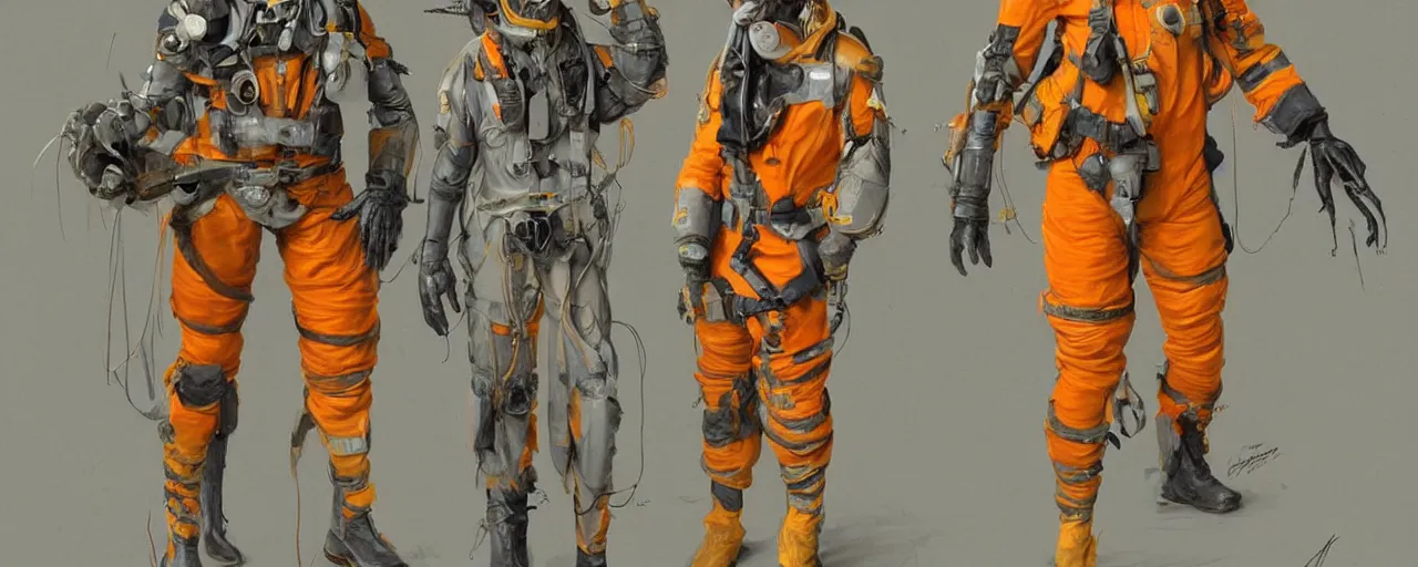 Image similar to character design, reference sheet, gaunt, 70's jetfighter pilot, unshaven, optimistic, dirty yellow and orange flight suit, scuffed exoskeleton in a dark hangar, concept art, photorealistic, hyperdetailed, 3d rendering!, studio lighting , art by Leyendecker! and thomas moran,