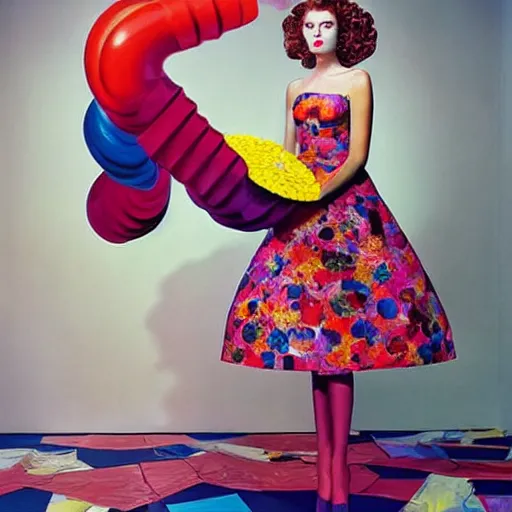 Prompt: a portrait of a beautiful fashion model that is curling her hair and hir dogs in the curls. surreal photograph, toiletpaper magazine, 3 5 mm photograph, colourful, by pierpaolo ferrari, maurizio cattelan, sandy skoglund, georges de la tour