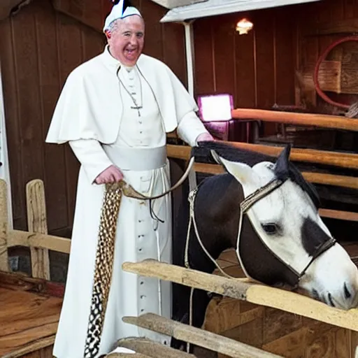 Prompt: guy fieri dressed as the pope cleaning a horse stall, a horse is staring at him while he is doing his work, award winning photo,