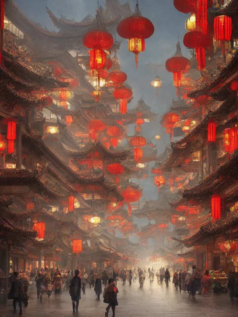 Image similar to epic scenery of a shopping street in the Chinese imperial city, intricate, elegant, volumetric lighting, digital painting, highly detailed, artstation, sharp focus, illustration, concept art, ruan jia, steve mccurry