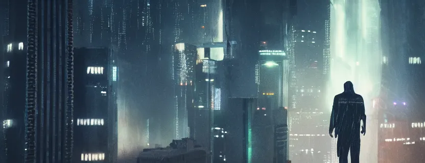 Prompt: moody shot of the man standing on the roof, looking diem at impressive cyberpunk city at night during great storm, nightscape, futuristic architecture, realistic photo, neons, blade runner, akira style, cinematic lighting, cinematic angles, rules of third