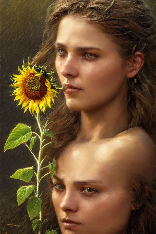 Prompt: face portrait of a female ukraine soldier with a sunflower in her hair, summer season, moody scene, highly detailed, intricate, sharp details, summer vibe, gorgeous scene by gaston bussiere, craig mullins, somber lighting, drawn by giacomo burattini, inspired by graphic novel cover art, hyperrealistic, 8 k by rhads