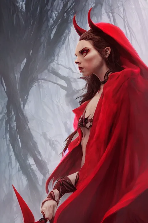 Image similar to demon red riding hood, d & d, fantasy, portrait, highly detailed, headshot, digital painting, trending on artstation, concept art, sharp focus, illustration, art by artgerm and greg rutkowski and magali villeneuve