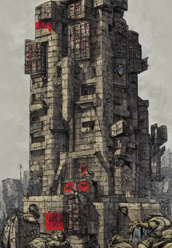 Image similar to [Brutalist bunker adorned with gargoyles and checkered flags. Propaganda poster!, intricate, elegant, highly detailed, digital painting, artstation, concept art, matte, sharp focus, illustration, art by Enki Bilal]