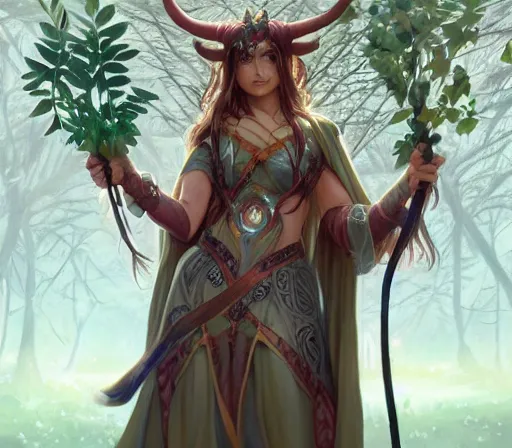 Prompt: innocent cute Tiefling Druid with long horns, colorful leaves on light leather armor, glowing tree staff, light-brown skin, highly detailed, digital painting, artstation, concept art, sharp focus, illustration, art by artgerm and greg rutkowski and alphonse mucha