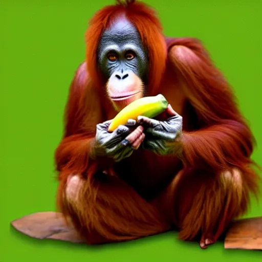 Image similar to pixel art of an orangutan eating a banana 4 k, high resolution, still, landscape, hd, dslr, hyper realistic