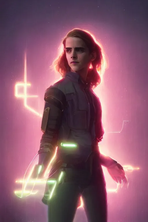 Image similar to portrait of cyborg Emma Watson as Hermione Granger in cyberpunk, neon lighting, night city, digital art from artstation by Ruan Jia and Mandy Jurgens and Artgerm and william-adolphe bouguereau and Greg Rutkowski and Wayne Barlowe